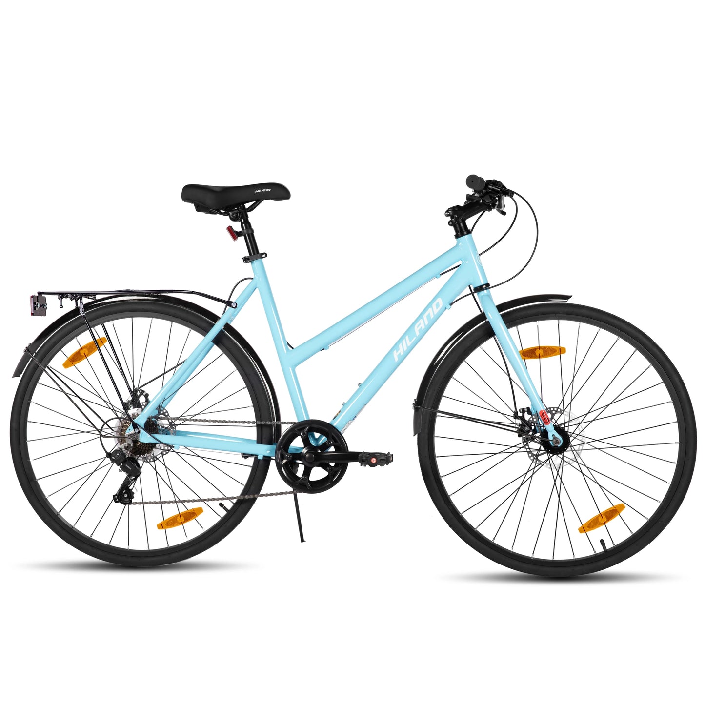 HILAND Cityrad 700C Herren Damen Student Aluminiumlegierung Pendler Stadtfahrrad, 7-Gang, mit Schutzblechen, Gepäckträger