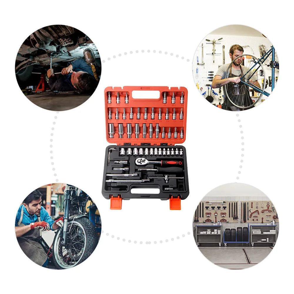 Motorsi 53PCs Car Repair Tool Kit Ratchet Torque Wrench Combo Auto Repairing Set With Bit Socket Set Metric Extension Bar