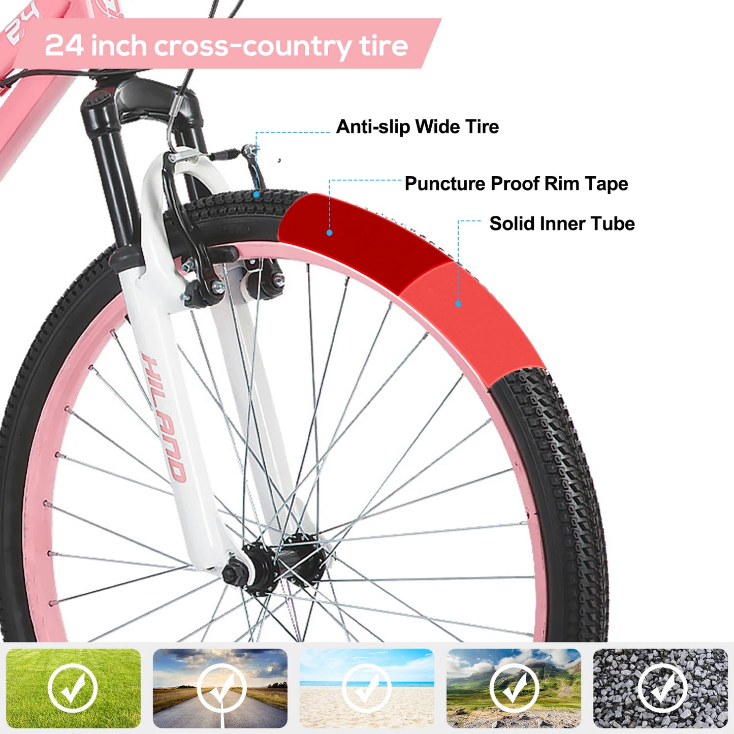 Hiland  24 Inch Mountain Bike for Kids Age 7,Front Suspension Fork Kids' Bicycles for Boys Girls Multiple Colors Baby Walker