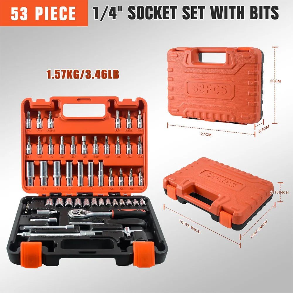 Motorsi 53PCs Car Repair Tool Kit Ratchet Torque Wrench Combo Auto Repairing Set With Bit Socket Set Metric Extension Bar