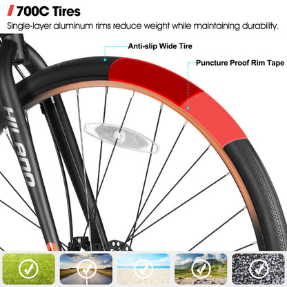 Hiland 700C Men's and Women's Road Bike, Lightweight Aluminum Frame, 7-Speed Dual Disc Brake Racing, 28-Inch Commuter Road Bike