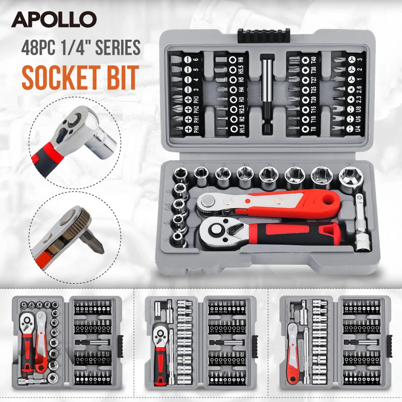Apollo 1/4" Drive Quick-Release Ratchet & Bit Set, Cr-V Steel w/ Phillips/Slotted Screwdrivers for Auto Repair & Hand Tools