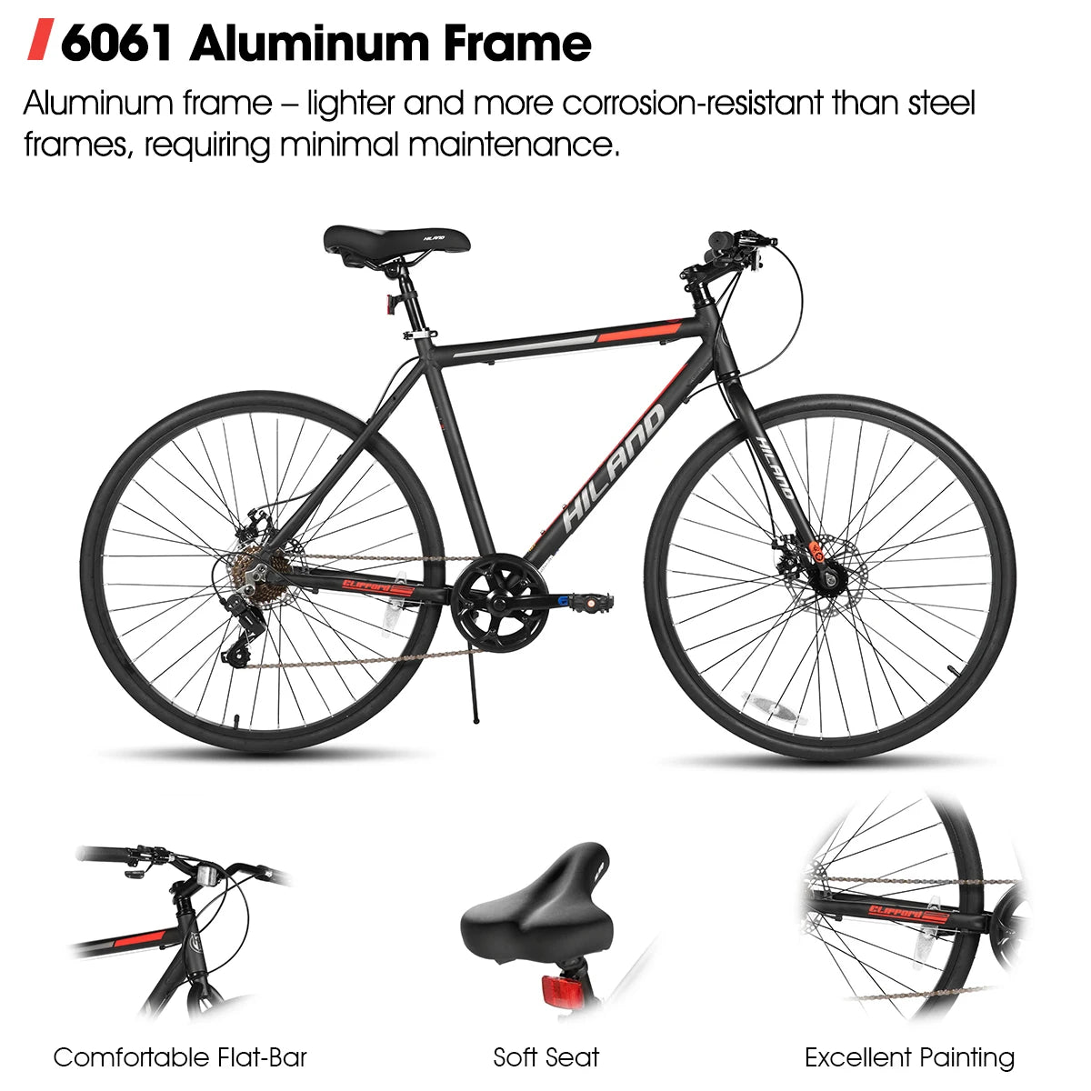 Hiland 700C Men's and Women's Road Bike, Lightweight Aluminum Frame, 7-Speed Dual Disc Brake Racing, 28-Inch Commuter Road Bike