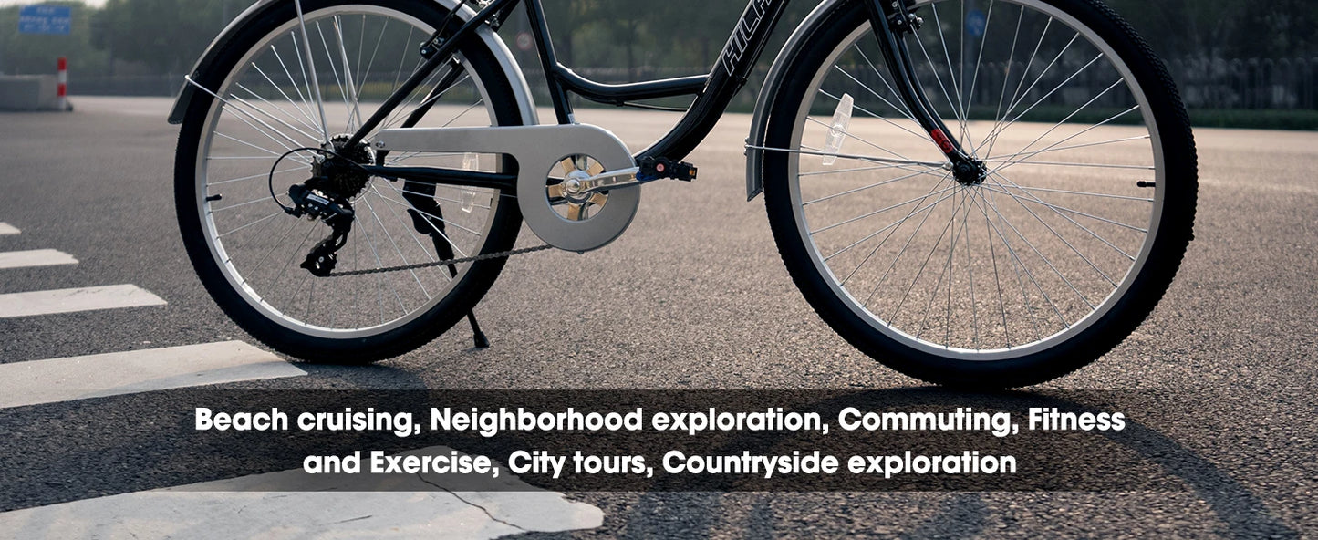 HILAND 26 inch Complete Beach Cruiser Bike for Adults, 7 Speed Step-Through Frame Womens Bicycle with Rear Rack, Retrospec Bike