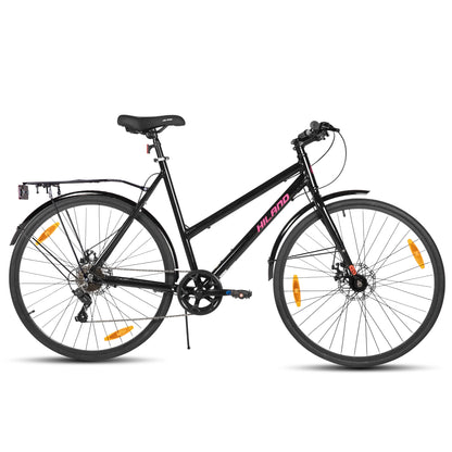 HILAND Cityrad 700C Herren Damen Student Aluminiumlegierung Pendler Stadtfahrrad, 7-Gang, mit Schutzblechen, Gepäckträger