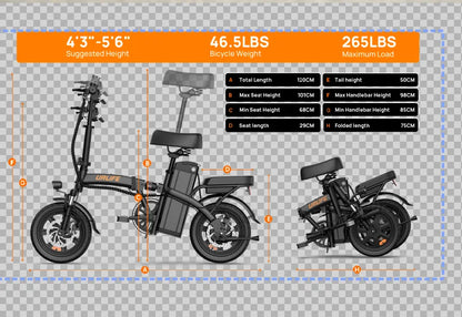 Folding E-bike 350W Brushless Motor 48V7.8AH Lithium Battery Electric Bicycle High Carbon Steel Frame 14 Inch Tire Electric Bike