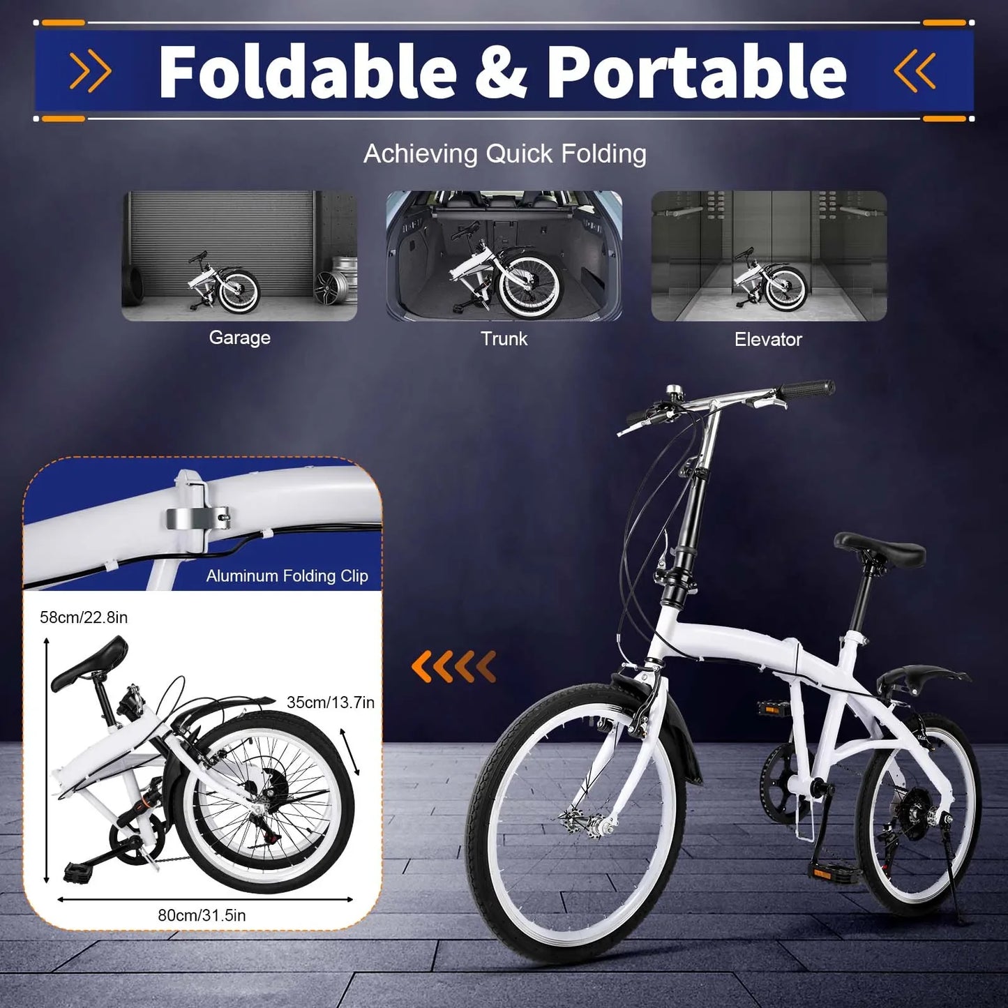 White Folding Bike Foldable City Bike Adult 20 Commute Bicycle 6Speed Gears