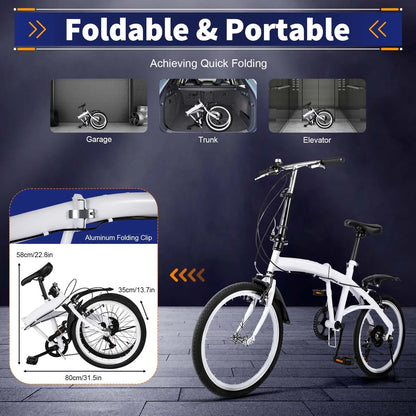 White Folding Bike Foldable City Bike Adult 20 Commute Bicycle 6Speed Gears