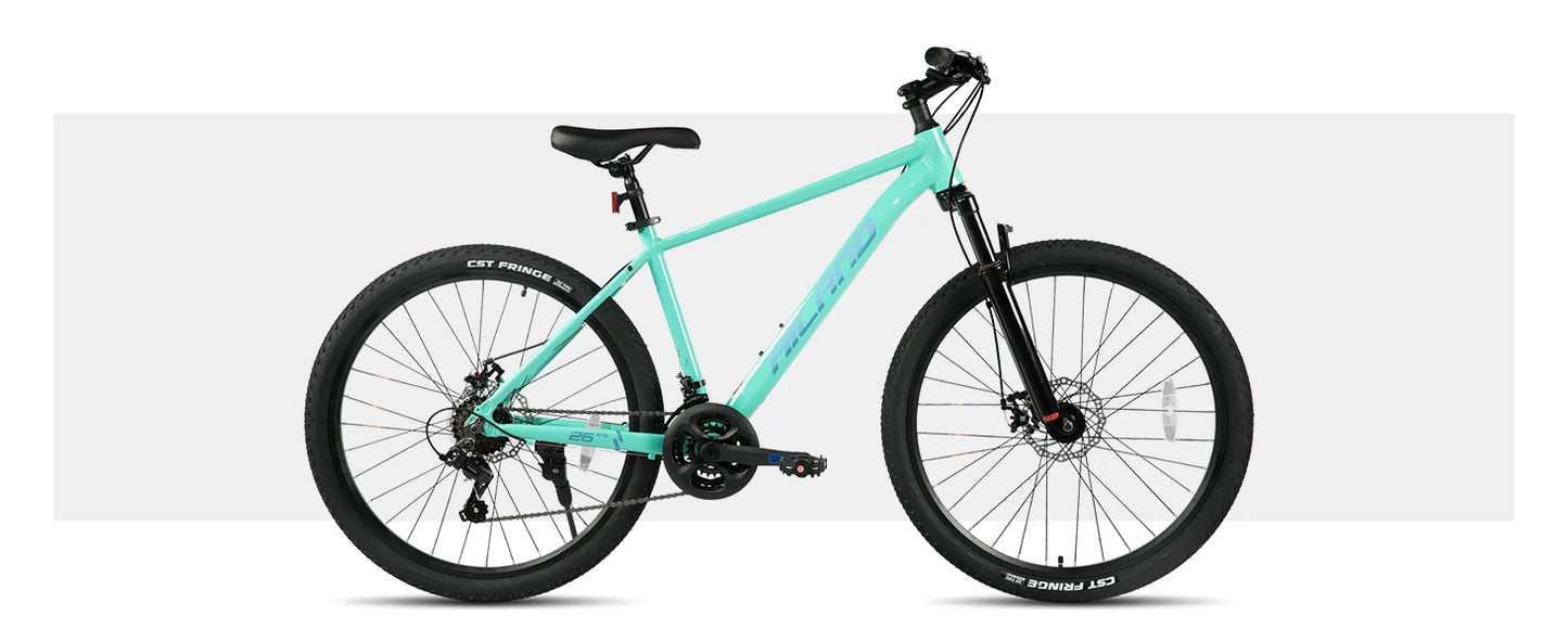 HILAND 26 inch aluminum alloy mountain bike for men and women, 21 speed bike with mechanical disc brakes, front suspension fork