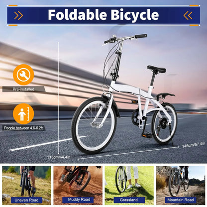 White Folding Bike Foldable City Bike Adult 20 Commute Bicycle 6Speed Gears
