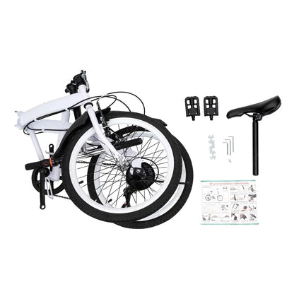 White Folding Bike Foldable City Bike Adult 20 Commute Bicycle 6Speed Gears