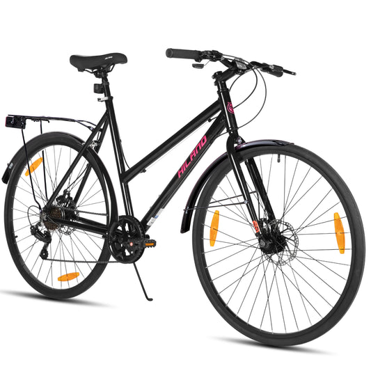 HILAND Cityrad 700C Herren Damen Student Aluminiumlegierung Pendler Stadtfahrrad, 7-Gang, mit Schutzblechen, Gepäckträger