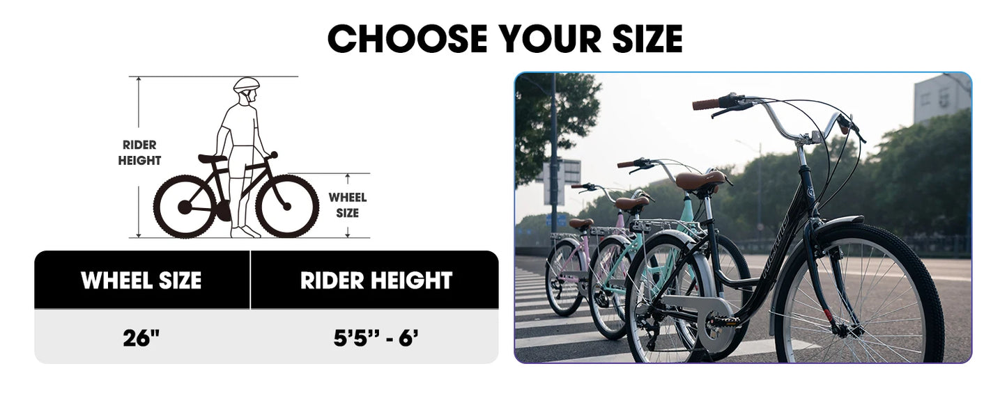 HILAND 26 inch Complete Beach Cruiser Bike for Adults, 7 Speed Step-Through Frame Womens Bicycle with Rear Rack, Retrospec Bike