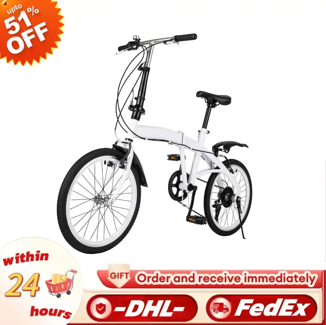 White Folding Bike Foldable City Bike Adult 20 Commute Bicycle 6Speed Gears