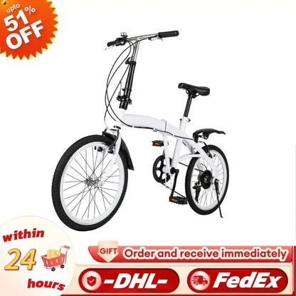 White Folding Bike Foldable City Bike Adult 20 Commute Bicycle 6Speed Gears