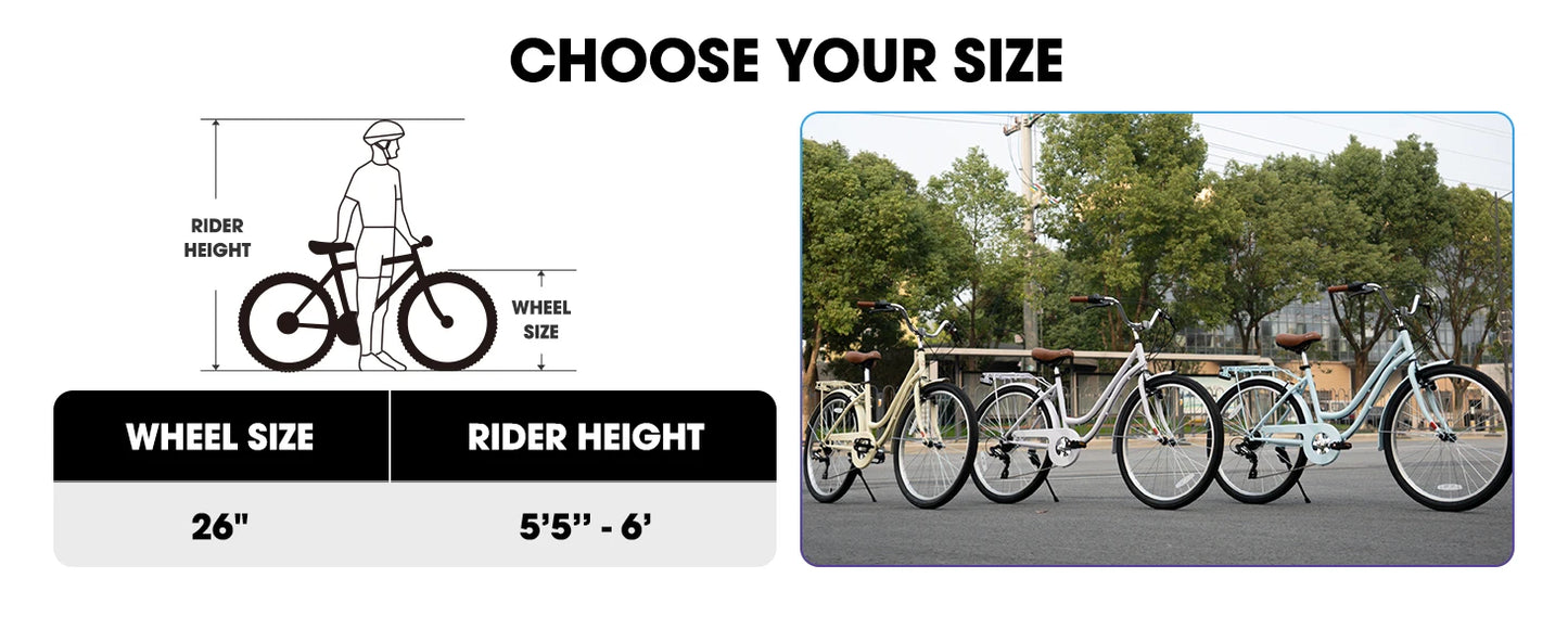 HILAND 26 inch Beach Cruiser Bike for Men and Women, 7 Speed Adult Bicycle with Rear Rack, Retrospec Commuter City Bicycle