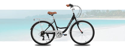 HILAND 26 inch Complete Beach Cruiser Bike for Adults, 7 Speed Step-Through Frame Womens Bicycle with Rear Rack, Retrospec Bike