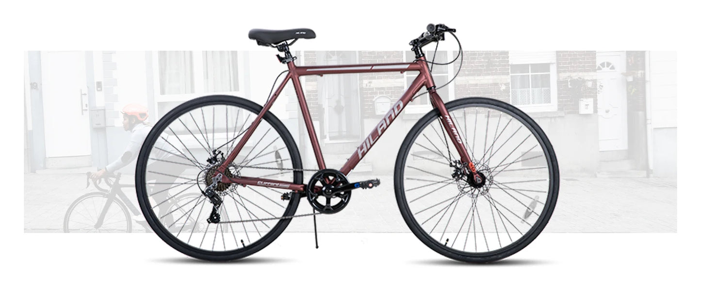 Hiland 700C Men's and Women's Road Bike, Lightweight Aluminum Frame, 7-Speed Dual Disc Brake Racing, 28-Inch Commuter Road Bike