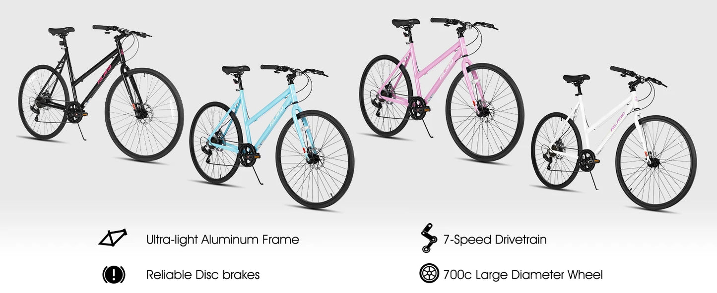 HILAND Cityrad 700C Herren Damen Student Aluminiumlegierung Pendler Stadtfahrrad, 7-Gang, mit Schutzblechen, Gepäckträger