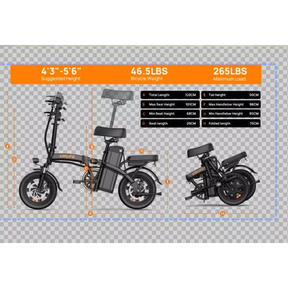 Folding E-bike 350W Brushless Motor 48V7.8AH Lithium Battery Electric Bicycle High Carbon Steel Frame 14 Inch Tire Electric Bike