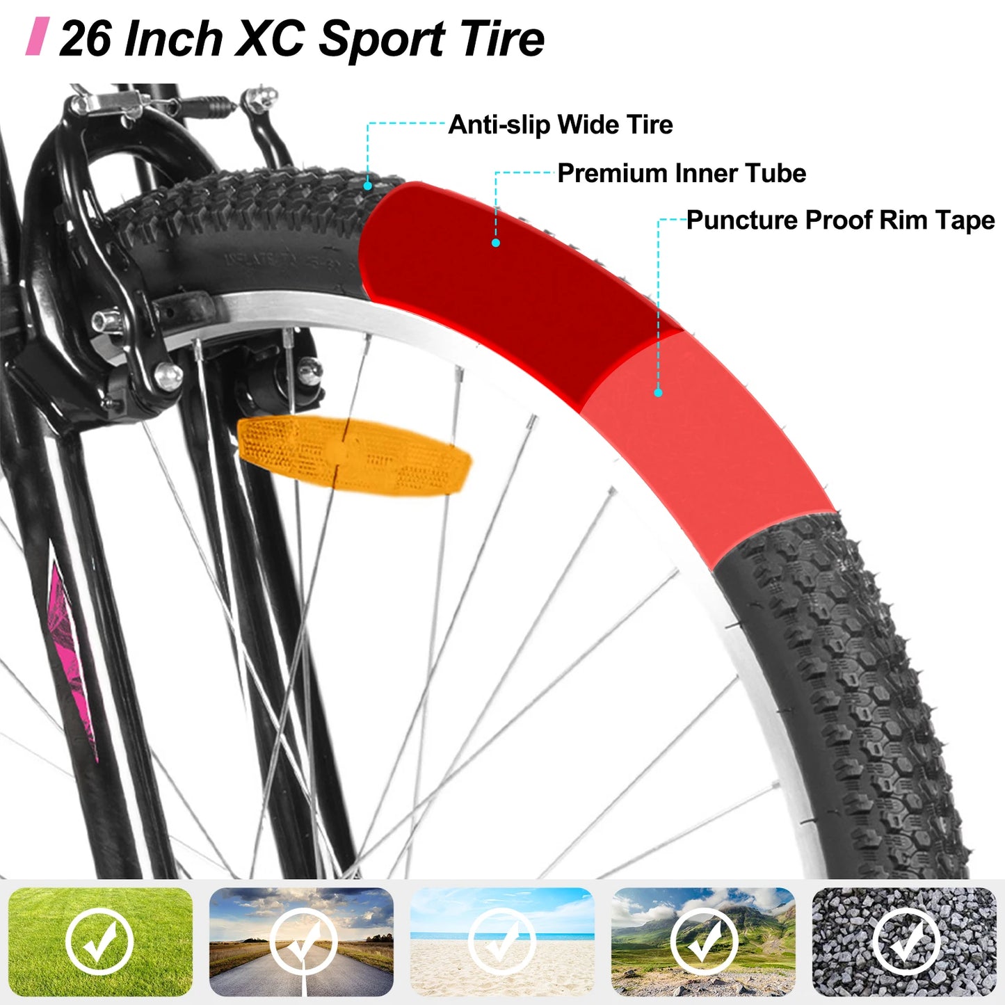 Hiland 26-inch Women's Mountain Bike, 18-Speed Shift, Mountain Bike with Front and Rear V-Brakes, Sturdy Mountain Bike for Women