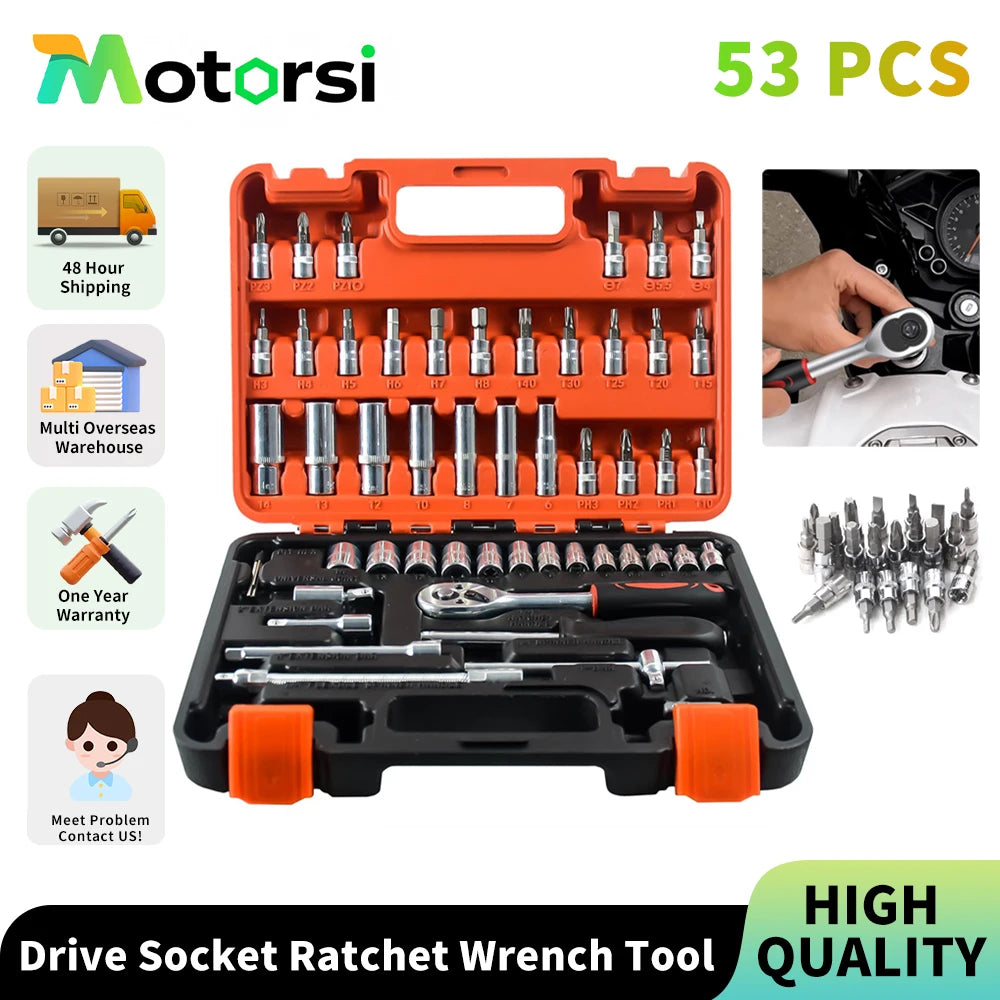 Motorsi 53PCs Car Repair Tool Kit Ratchet Torque Wrench Combo Auto Repairing Set With Bit Socket Set Metric Extension Bar