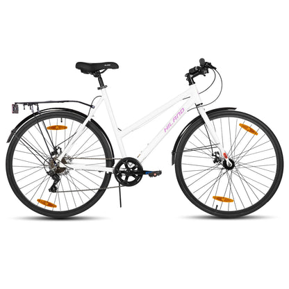 HILAND Cityrad 700C Herren Damen Student Aluminiumlegierung Pendler Stadtfahrrad, 7-Gang, mit Schutzblechen, Gepäckträger
