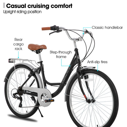 HILAND 26 inch Complete Beach Cruiser Bike for Adults, 7 Speed Step-Through Frame Womens Bicycle with Rear Rack, Retrospec Bike