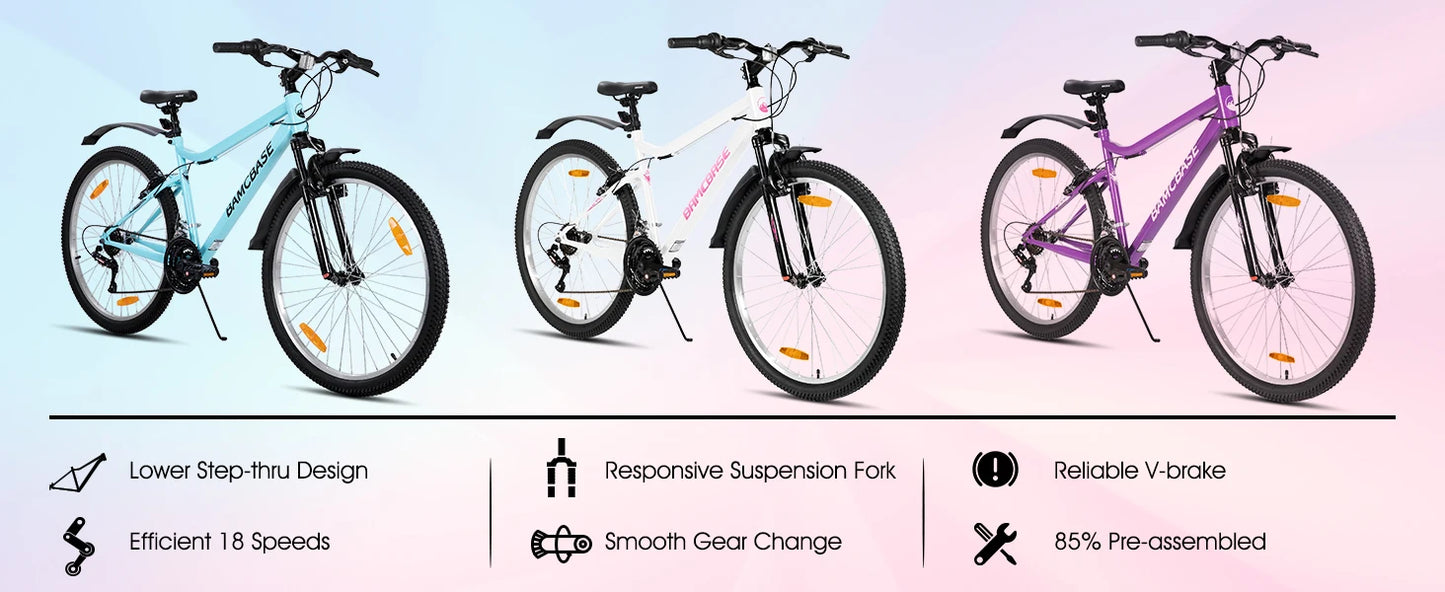 Hiland 26-inch Women's Mountain Bike, 18-Speed Shift, Mountain Bike with Front and Rear V-Brakes, Sturdy Mountain Bike for Women