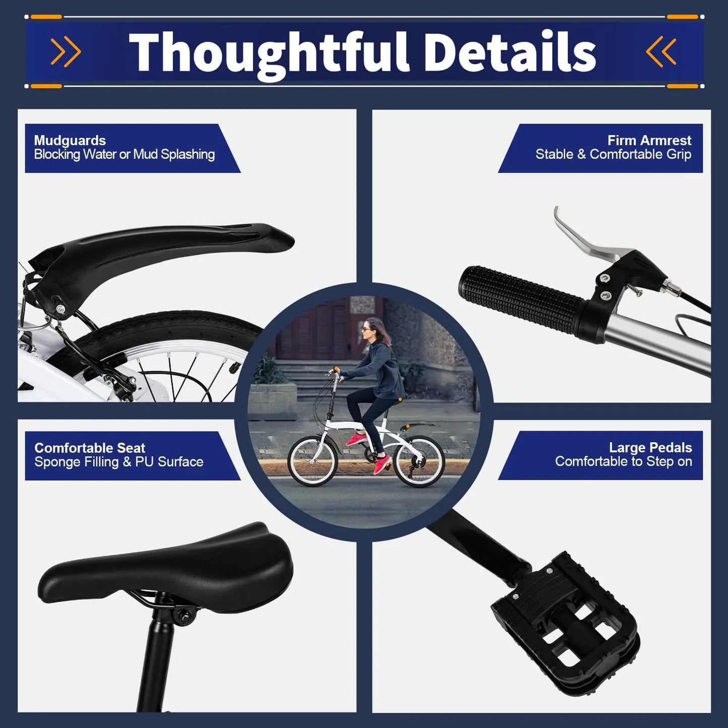 White Folding Bike Foldable City Bike Adult 20 Commute Bicycle 6Speed Gears