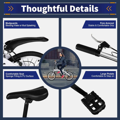 White Folding Bike Foldable City Bike Adult 20 Commute Bicycle 6Speed Gears