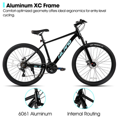 HILAND 26 inch aluminum alloy mountain bike for men and women, 21 speed bike with mechanical disc brakes, front suspension fork