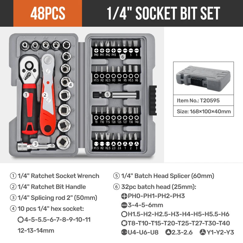 Apollo 1/4" Drive Quick-Release Ratchet & Bit Set, Cr-V Steel w/ Phillips/Slotted Screwdrivers for Auto Repair & Hand Tools