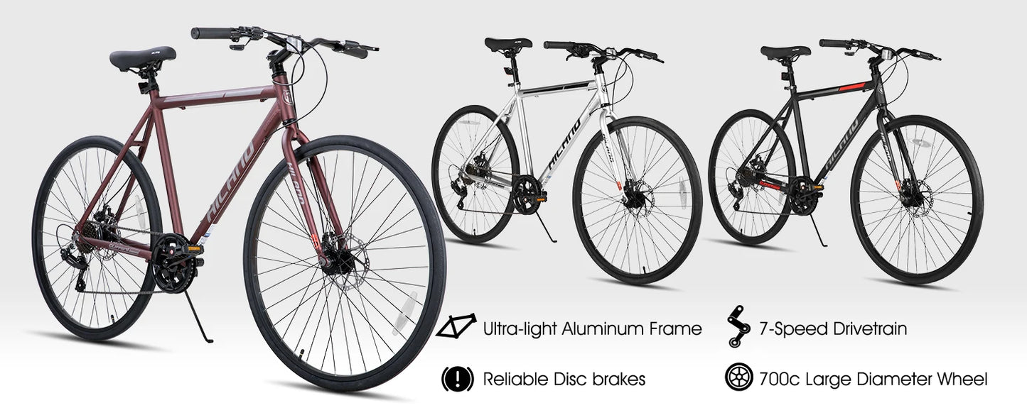 Hiland 700C Men's and Women's Road Bike, Lightweight Aluminum Frame, 7-Speed Dual Disc Brake Racing, 28-Inch Commuter Road Bike