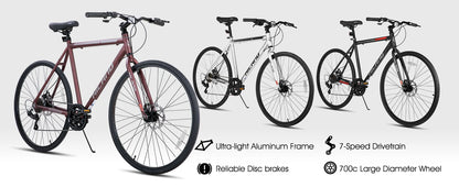 Hiland 700C Men's and Women's Road Bike, Lightweight Aluminum Frame, 7-Speed Dual Disc Brake Racing, 28-Inch Commuter Road Bike