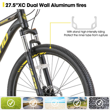 Hiland Aluminum Mountain Bike 21 Speeds, Hydraulic Disc-Brakes, Lock-Out Suspension Fork, 27.5 inch Wheel, Bike for Men Mens